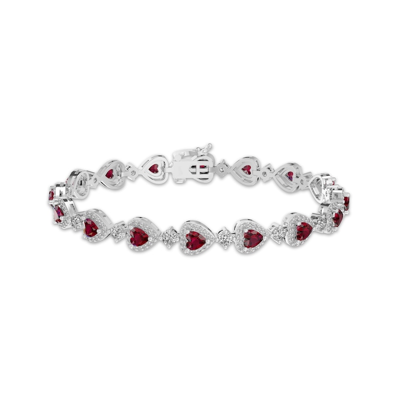 Main Image 1 of Heart-Shaped Lab-Created Ruby & White Lab-Created Sapphire Bracelet Sterling Silver 7.25&quot;