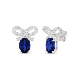 Oval-Cut Blue Lab-Created Sapphire & White Lab-Created Sapphire Bow Earrings Sterling Silver