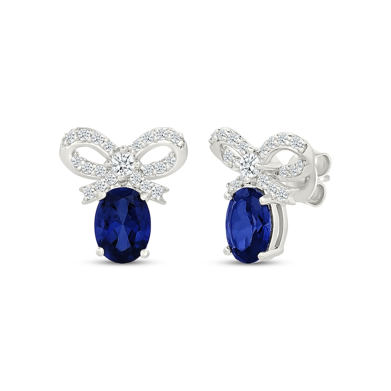 Main Image 1 of Oval-Cut Blue Lab-Created Sapphire & White Lab-Created Sapphire Bow Earrings Sterling Silver