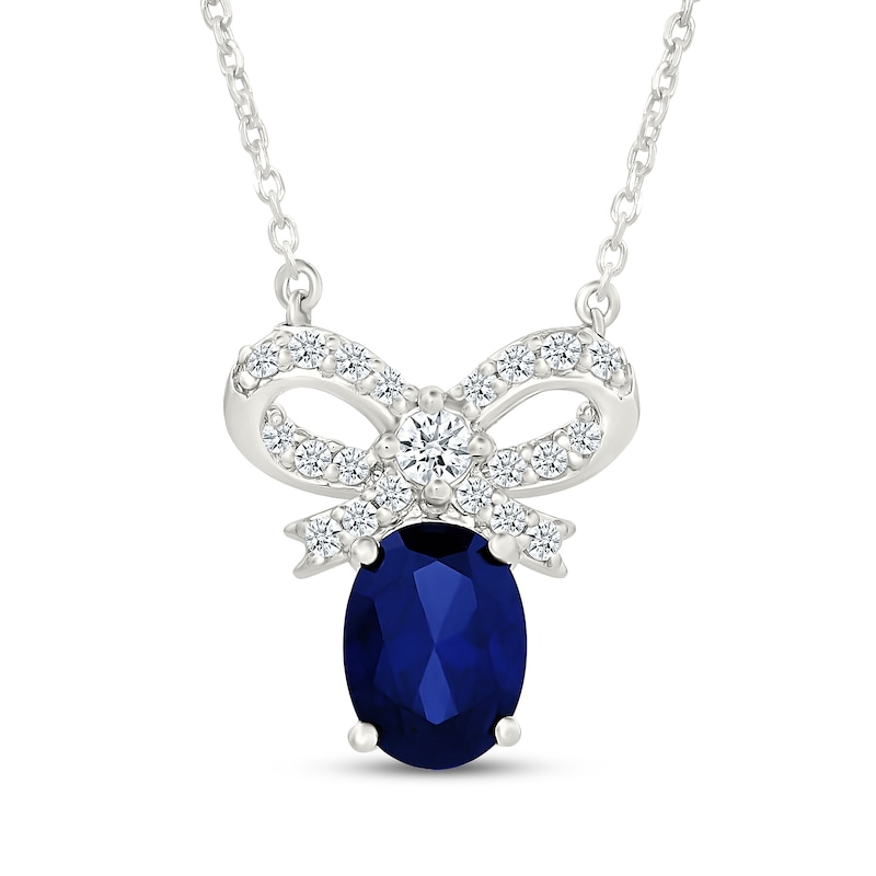 Main Image 1 of Oval-Cut Blue Lab-Created Sapphire & White Lab-Created Sapphire Bow Necklace Sterling Silver 18&quot;