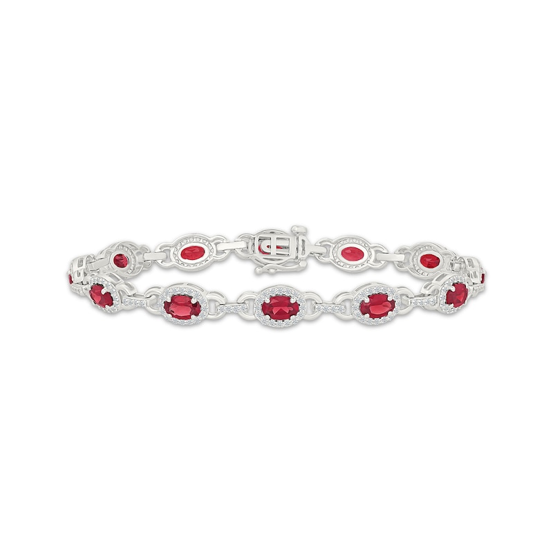 Main Image 1 of Oval-Cut Lab-Created Ruby & White Lab-Created Sapphire Link Bracelet Sterling Silver 7&quot;