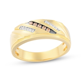 Men's Brown & White Diamond Diagonal Wedding Band 1/8 ct tw 10K Yellow Gold