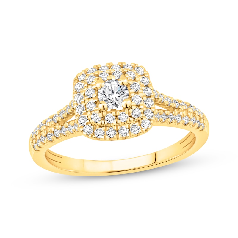 Main Image 1 of Round-Cut Diamond Double Halo Engagement Ring 1/2 ct tw 10K Yellow Gold