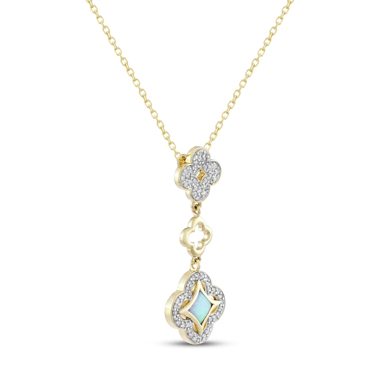 Main Image 2 of White Lab-Created Opal & Diamond Clover Drop Necklace 1/5 ct tw 10K Yellow Gold 18&quot;