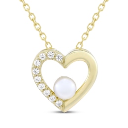 Cultured Pearl & White Lab-Created Sapphire Heart Necklace 10K Yellow Gold 18&quot;