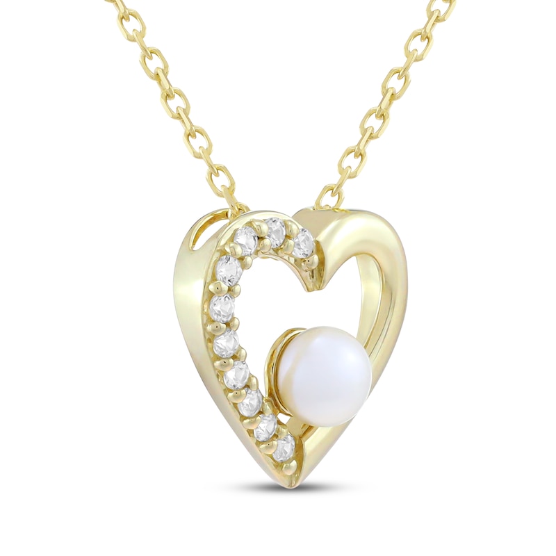 Main Image 2 of Cultured Pearl & White Lab-Created Sapphire Heart Necklace 10K Yellow Gold 18&quot;