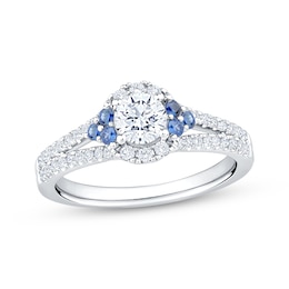 Now + Forever Round-Cut Diamond & Natural Blue Sapphire Trios Engagement Ring 3/4 ct tw 14K White Gold