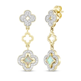 White Lab-Created Opal & Diamond Clover Drop Earrings 1/3 ct tw 10K Yellow Gold