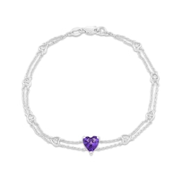 Heart-Shaped Amethyst & Diamond Bracelet 1/8 ct tw Sterling Silver 7.25&quot;