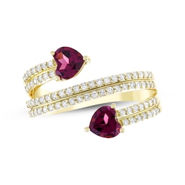 Heart-Shaped Rhodolite Garnet & Diamond Bypass Ring 1/3 ct tw 10K Yellow Gold