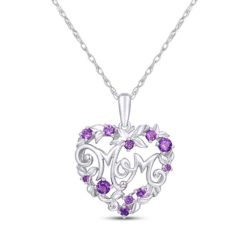 Main Image 1 of Amethyst &quot;Mom&quot; Floral Heart Necklace Sterling Silver 18&quot;