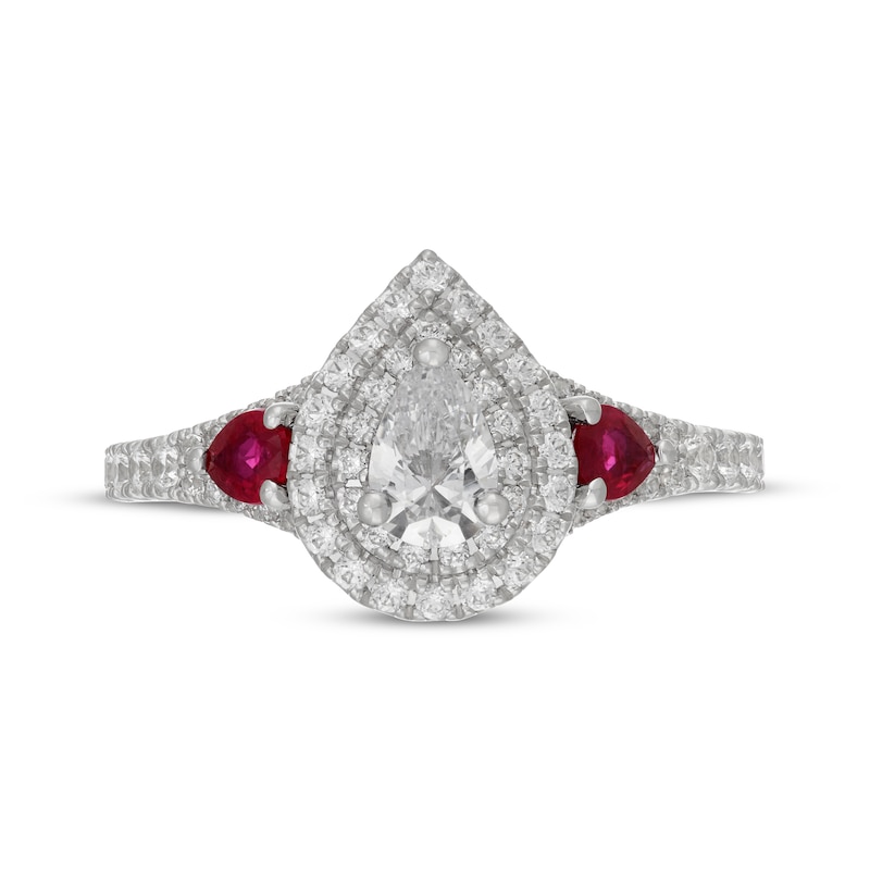 Main Image 3 of Neil Lane Pear-Shaped Diamond & Natural Ruby Double Halo Engagement Ring 7/8 ct tw 14K White Gold