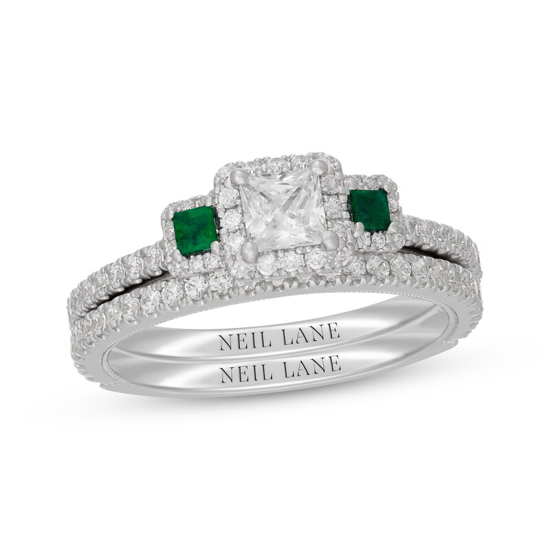 Main Image 1 of Neil Lane Princess-Cut Diamond & Natural Emerald Bridal Set 1 ct tw 14K White Gold