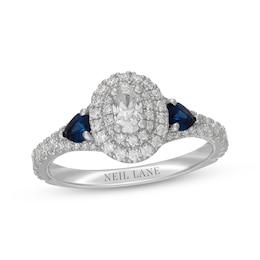 Neil Lane Oval-Cut Diamond & Natural Sapphire Double Halo Engagement Ring 7/8 ct tw 14K White Gold