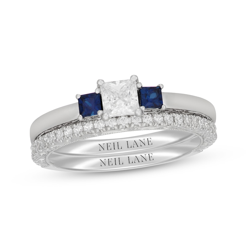 Main Image 1 of Neil Lane Princess-Cut Diamond & Natural Blue Sapphire Bridal Set 1/2 ct tw 14K White Gold