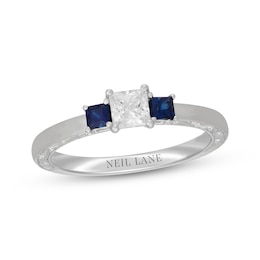 Neil Lane Princess-Cut Diamond & Natural Sapphire Three-Stone Engagement Ring 3/8 ct tw 14K White Gold