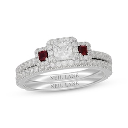 Neil Lane Princess-Cut Diamond & Natural Ruby Bridal Set 1 ct tw 14K White Gold