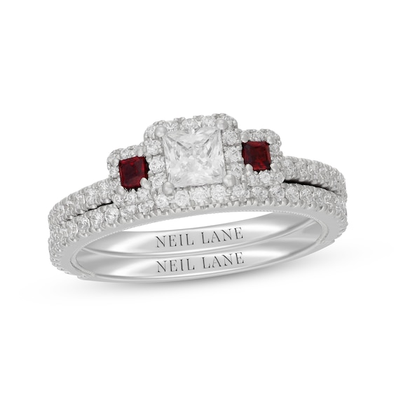 Neil Lane Princess-Cut Diamond & Natural Ruby Bridal Set 1 ct tw 14K White Gold