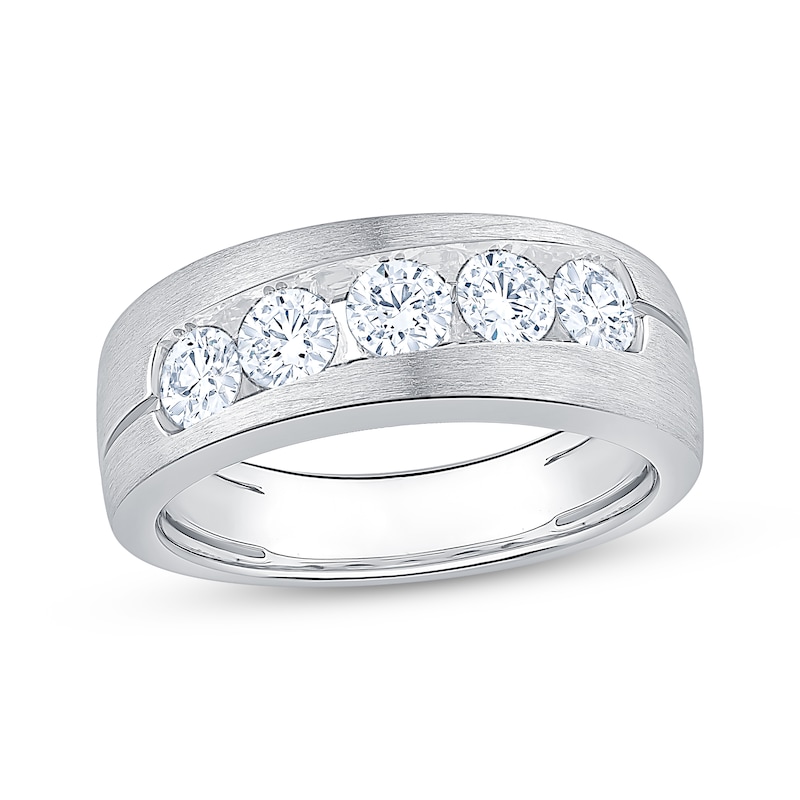 Main Image 1 of Lab-Grown Diamonds by KAY Men's Diagonal Five-Stone Brushed Wedding Band 1-1/4 ct tw 14K White Gold