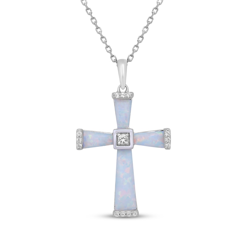 Main Image 1 of Lab-Created Opal & White Lab-Created Sapphire Cross Necklace Sterling Silver 18&quot;