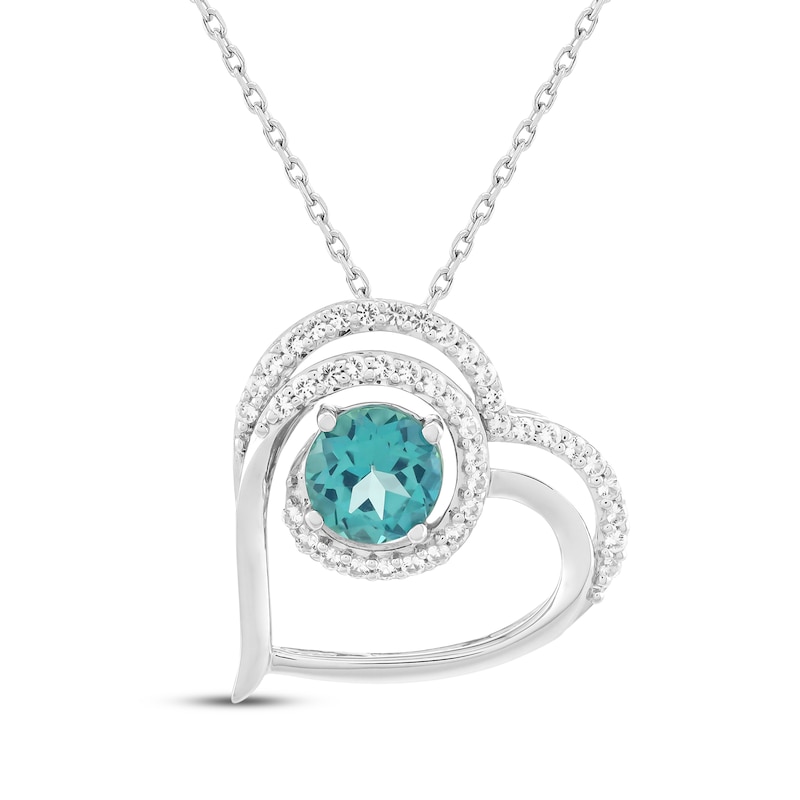 Main Image 1 of Oceanic Blue Topaz & White Lab-Created Sapphire Tilted Heart Necklace Sterling Silver 18&quot;