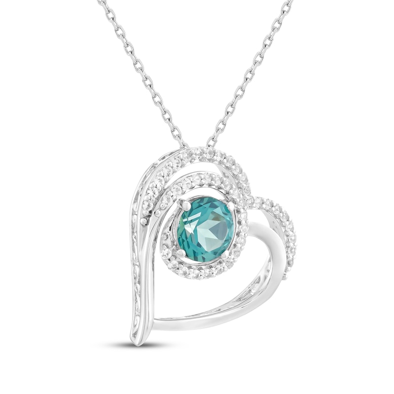 Main Image 2 of Oceanic Blue Topaz & White Lab-Created Sapphire Tilted Heart Necklace Sterling Silver 18&quot;