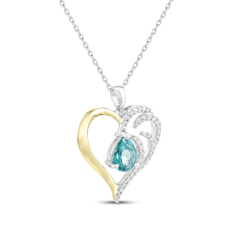 Main Image 2 of Pear-Shaped Oceanic Blue Topaz & White Lab-Created Sapphire Necklace 1/4 ct tw Sterling Silver & 10K Yellow Gold 18&quot;