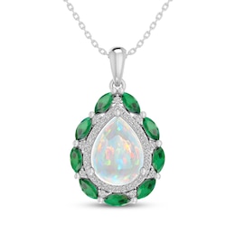 Pear-Shaped Lab-Created Opal, Lab-Created Emerald & White Lab-Created Sapphire Necklace Sterling Silver 18&quot;