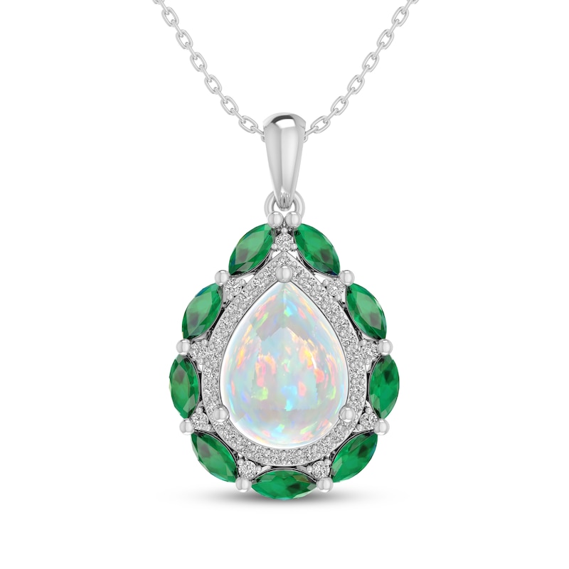 Main Image 1 of Pear-Shaped Lab-Created Opal, Lab-Created Emerald & White Lab-Created Sapphire Necklace Sterling Silver 18&quot;