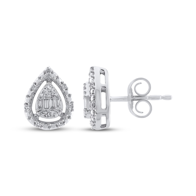 Main Image 3 of Baguette & Round-Cut Multi-Diamond Teardrop Stud Earrings 1/6 ct tw Sterling Silver