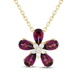 Pear-Shaped Rhodolite Garnet & Diamond Flower Necklace 1/15 ct tw 10K Yellow Gold 18&quot;