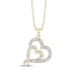 Baguette & Round-Cut Diamond Double Heart Necklace 1/6 ct tw 10K Yellow Gold 18&quot;