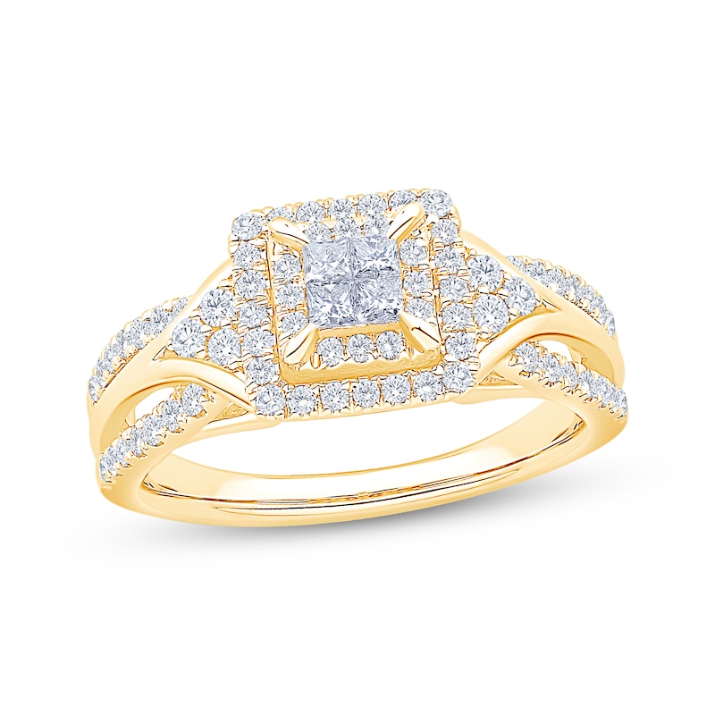 Main Image 1 of Now + Forever Princess-Cut Quad Diamond Double Halo Engagement Ring 5/8 ct tw 14K Yellow Gold