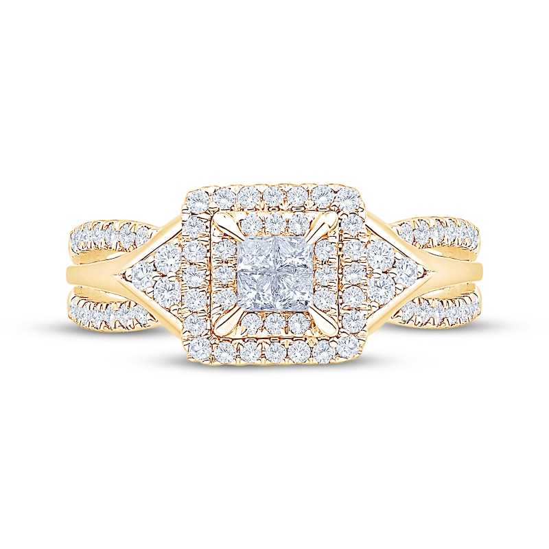 Main Image 3 of Now + Forever Princess-Cut Quad Diamond Double Halo Engagement Ring 5/8 ct tw 14K Yellow Gold