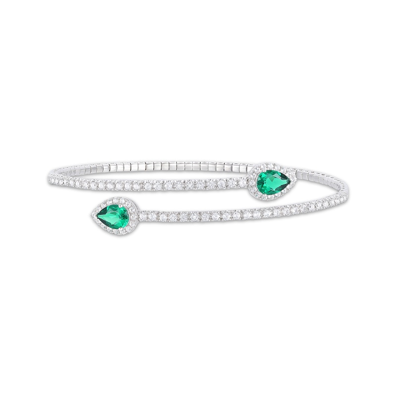 Main Image 1 of Pear-Shaped Lab-Created Emerald & White Lab-Created Sapphire Flex Bangle Bracelet Sterling Silver