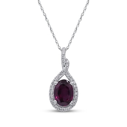 Oval-Cut Rhodolite Garnet & Diamond Halo Necklace 1/6 ct tw 10K White Gold 18&quot;