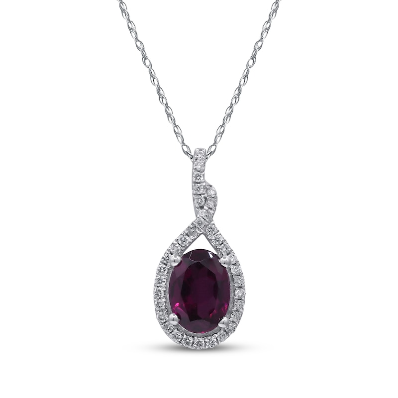 Main Image 1 of Oval-Cut Rhodolite Garnet & Diamond Halo Necklace 1/6 ct tw 10K White Gold 18&quot;