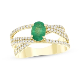 Oval-Cut Natural Emerald & Diamond Crossover Ring 3/8 ct tw 10K Yellow Gold