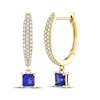 Thumbnail Image 1 of Square-Cut Blue Lab-Created Sapphire & Diamond Dangle Hoop Earrings 1/3 ct tw 10K Yellow Gold