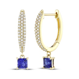 Square-Cut Blue Lab-Created Sapphire & Diamond Dangle Hoop Earrings 1/3 ct tw 10K Yellow Gold