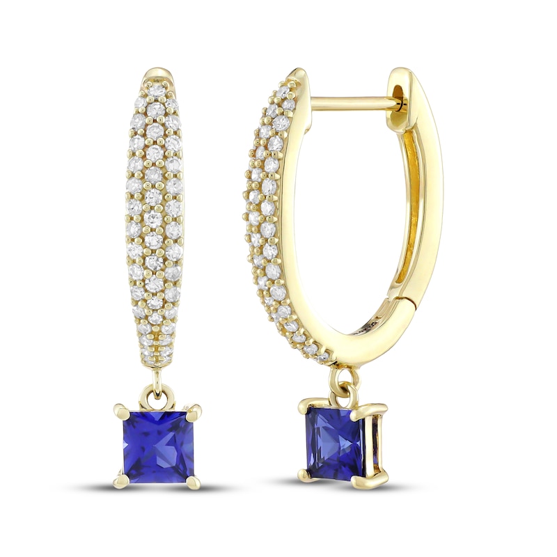 Main Image 1 of Square-Cut Blue Lab-Created Sapphire & Diamond Dangle Hoop Earrings 1/3 ct tw 10K Yellow Gold