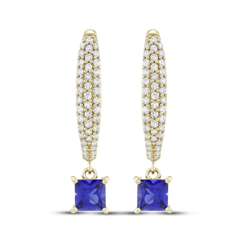 Main Image 2 of Square-Cut Blue Lab-Created Sapphire & Diamond Dangle Hoop Earrings 1/3 ct tw 10K Yellow Gold