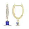 Thumbnail Image 3 of Square-Cut Blue Lab-Created Sapphire & Diamond Dangle Hoop Earrings 1/3 ct tw 10K Yellow Gold