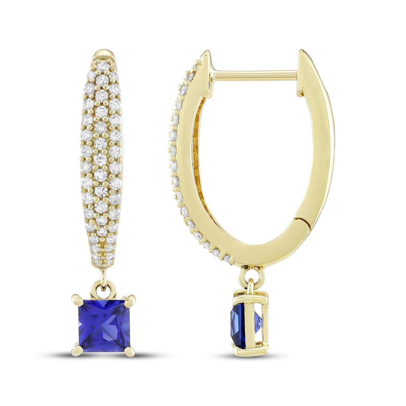 Main Image 3 of Square-Cut Blue Lab-Created Sapphire & Diamond Dangle Hoop Earrings 1/3 ct tw 10K Yellow Gold