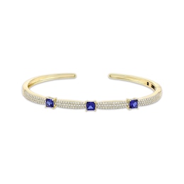 Square-Cut Blue Lab-Created Sapphire & Diamond Cuff Bracelet 3/4 ct tw 10K Yellow Gold & Stainless Steel 7&quot;