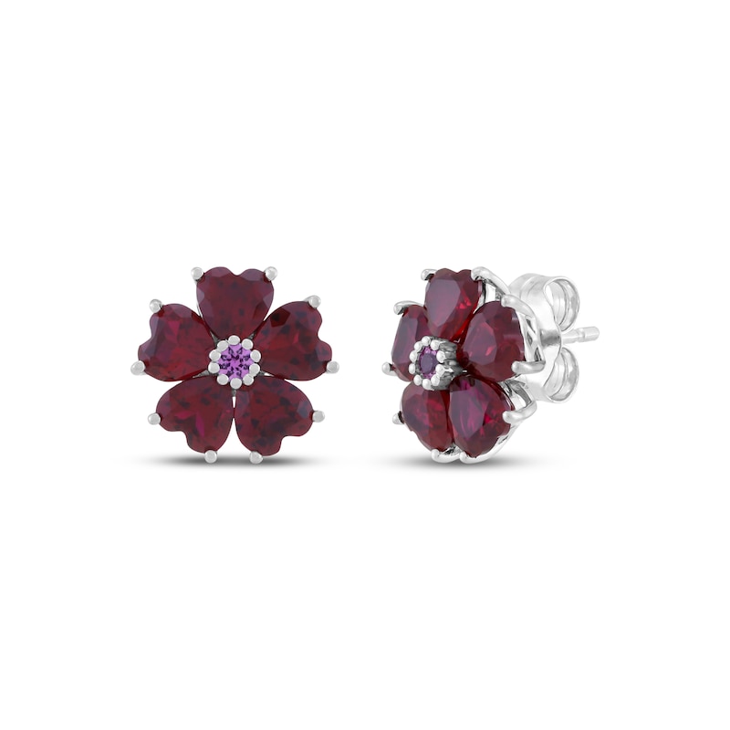 Main Image 1 of Heart-Shaped Lab-Created Ruby & Pink Lab-Created Sapphire Flower Stud Earrings Sterling Silver