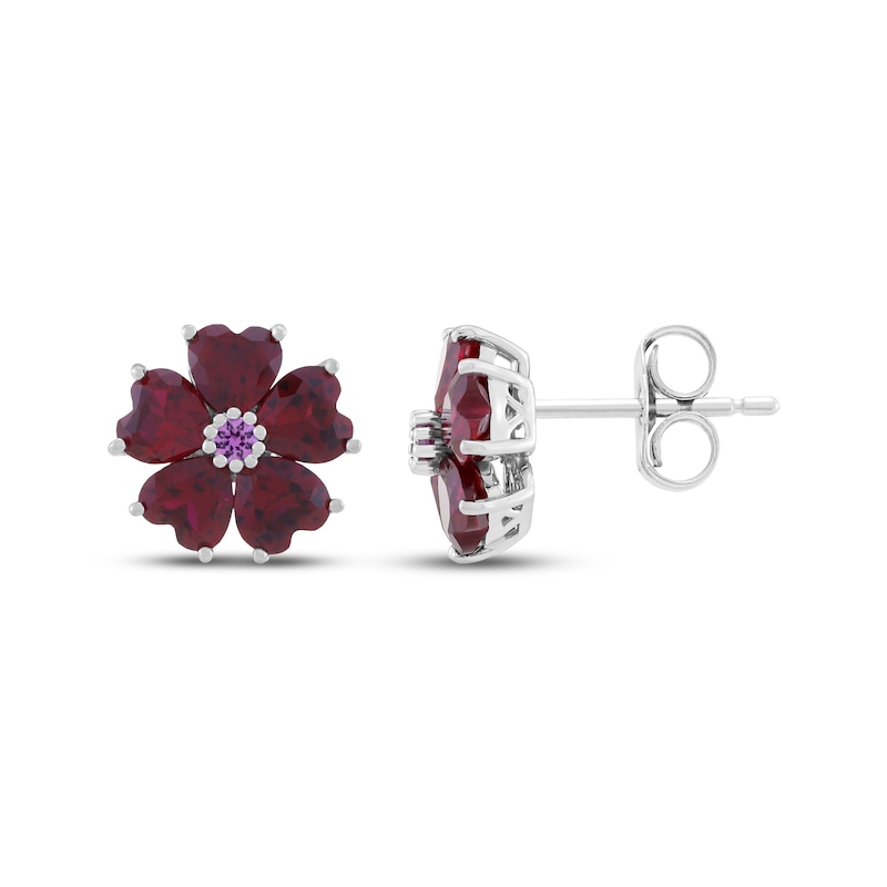 Main Image 3 of Heart-Shaped Lab-Created Ruby & Pink Lab-Created Sapphire Flower Stud Earrings Sterling Silver