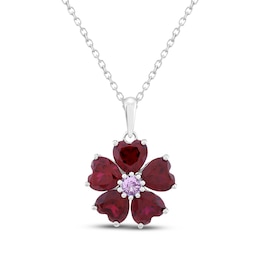 Heart-Shaped Lab-Created Ruby & Pink Lab-Created Sapphire Flower Necklace Sterling Silver 18&quot;