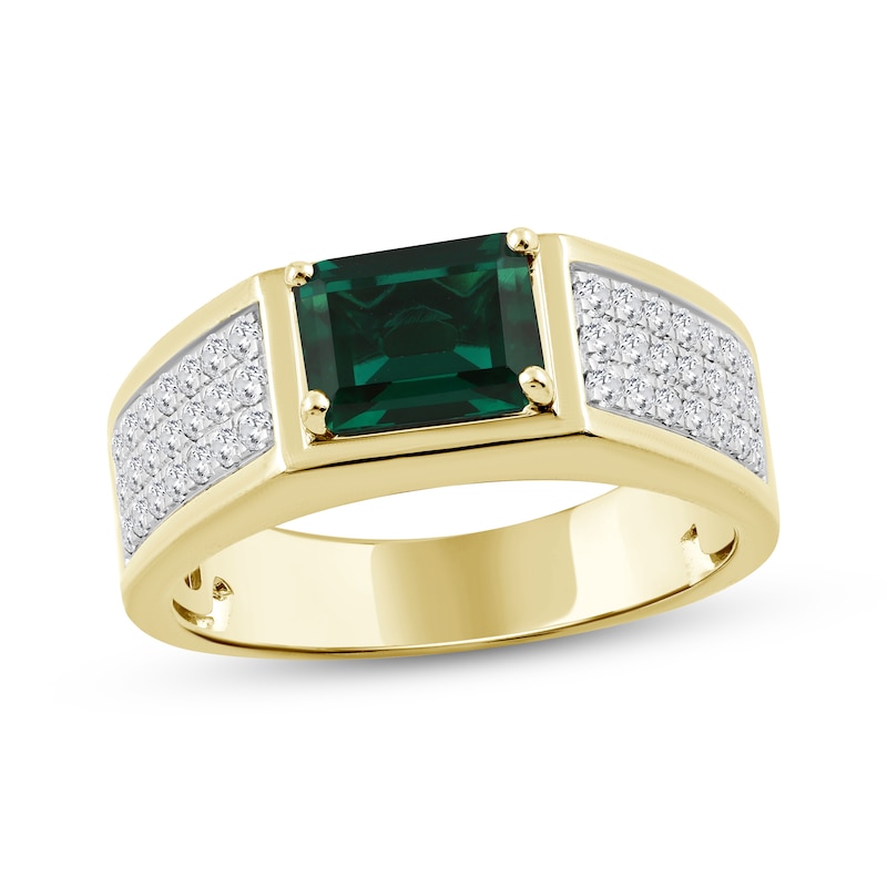 Main Image 1 of Men's Emerald-Cut Lab-Created Emerald & Diamond Ring 1/2 ct tw 10K Yellow Gold