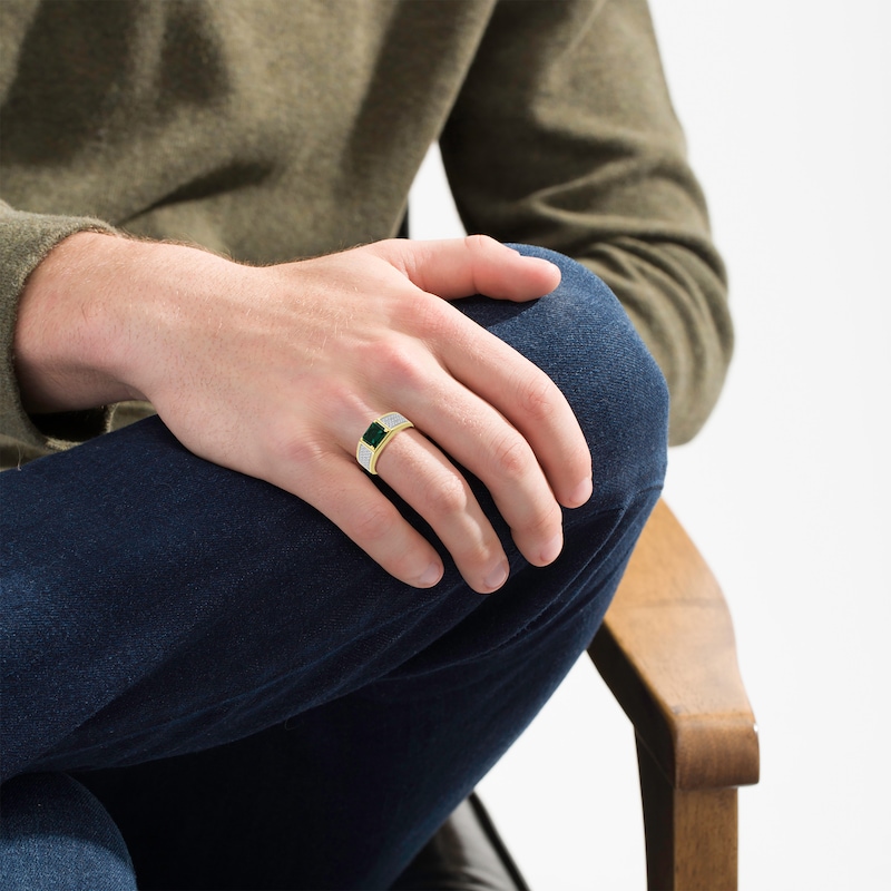 Main Image 3 of Men's Emerald-Cut Lab-Created Emerald & Diamond Ring 1/2 ct tw 10K Yellow Gold